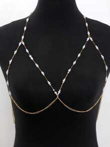 1pc Bohemian Style Sexy Faux Pearl Bikini Body Chain, Suitable For Women's Daily, Date, Party Wear, Great Gift For New Year, Valentine's Day, Mother's Day For Your Loved One - Gold - View 2