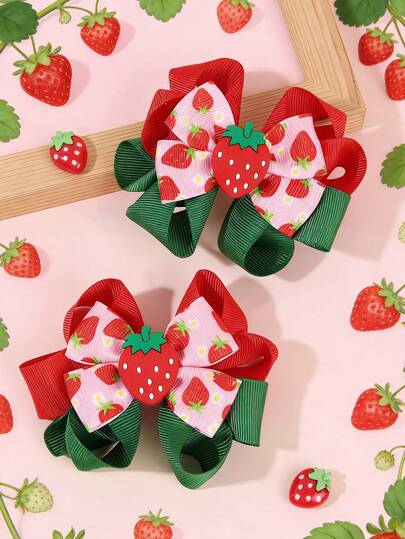 2 piezas Pinzas de lazo con decoración de fresa dulce para niñas, Pinzas de pelo con lazo de tela con decoración de fresa, Pasador de pelo dulce, Accesorios de pelo con diseño de fresa de moda para niñas, regalos de fiesta, vida diaria, vacaciones y fiestas