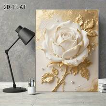1 Pc Canvas Painting, White Rose Canvas Painting With Golden Leaves, Wooden Framed Art,High Quality ,Thickness 2. 25cm/1in Thick Wall Art Printed Poster, Cuadros,Directly Hung For Family Gifts, Living Room Decoration, Bathroom Decoration, Bedroom Decoration, Kitchen Decoration, Bar Decoration, Office Decoration. Halloween, Christmas And Valentine's Day Gifts, 2D Flat - 多色 - 查看 3