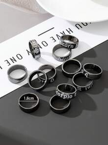 1件套极简主义金属镀黑十二星座刻字男士戒指套装，适合男士街头服饰 - 槍黑色 - 查看 9