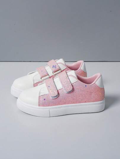 Children's Fashionable Casual Minimalist Niche College Style Solid Color Double Strap Glitter Sports Sneakers, Spring/Autumn