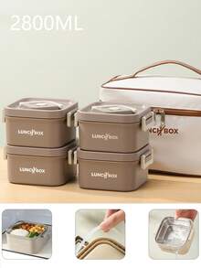 Set Wadah Makan Siang Terisolasi Portabel Dewasa & Pelajar 1/3/4/5 buah, Kotak Bento Stainless Steel yang Dapat Ditumpuk untuk Makanan Panas, dengan Tas Makan Siang Terisolasi, Unisex, 4 Wadah Makanan Panas Terpisah, Aman untuk Microwave (Aprikot/Cokelat) - MultiWarna - View 10