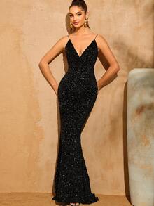 LOVE&LEMONADE 性感深V领无袖露背亮片美人鱼长款派对晚礼服 - 黑色 - 查看 4
