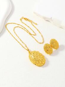 两件套中东斋月铜金色镂空点状椭圆形吊坠项链耳环首饰套装，馈赠亲友的最佳礼物 - 金黃色 - 查看 2