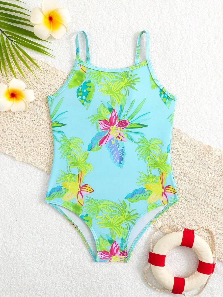 女童绿色植物印花连体泳衣 - 薄荷綠 - 查看 1