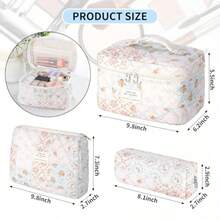 Bolsa de  acolchada de algodón para mujer bolsa de cosméticos grande tamaño pequeño de viaje Azul-Blanco Moderno -B026 - Flor rosa - Ver 2