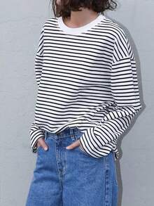 Women's Casual Top, Striped Contrast Ribbed Knit Everyday Wear, Spring/Autumn - White Black - View 3