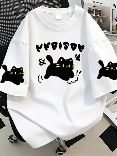 Camiseta de mujer talla grande con estampado de gato y cuello redondo, adecuada para verano, Día de San Valentín, Día de la Madre; regalo para mamá