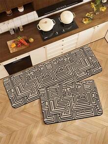 1pc Silica Gel Kitchen Mat, Milky White Background With Black Infinite Maze-Like Geometric Line Pattern, Composed Of Continuous Interlaced Spiral Lines Creating A Modern Maze Visual Effect, Retro Yet Minimalist Design, Kitchen Mat - Multicolor - View 2