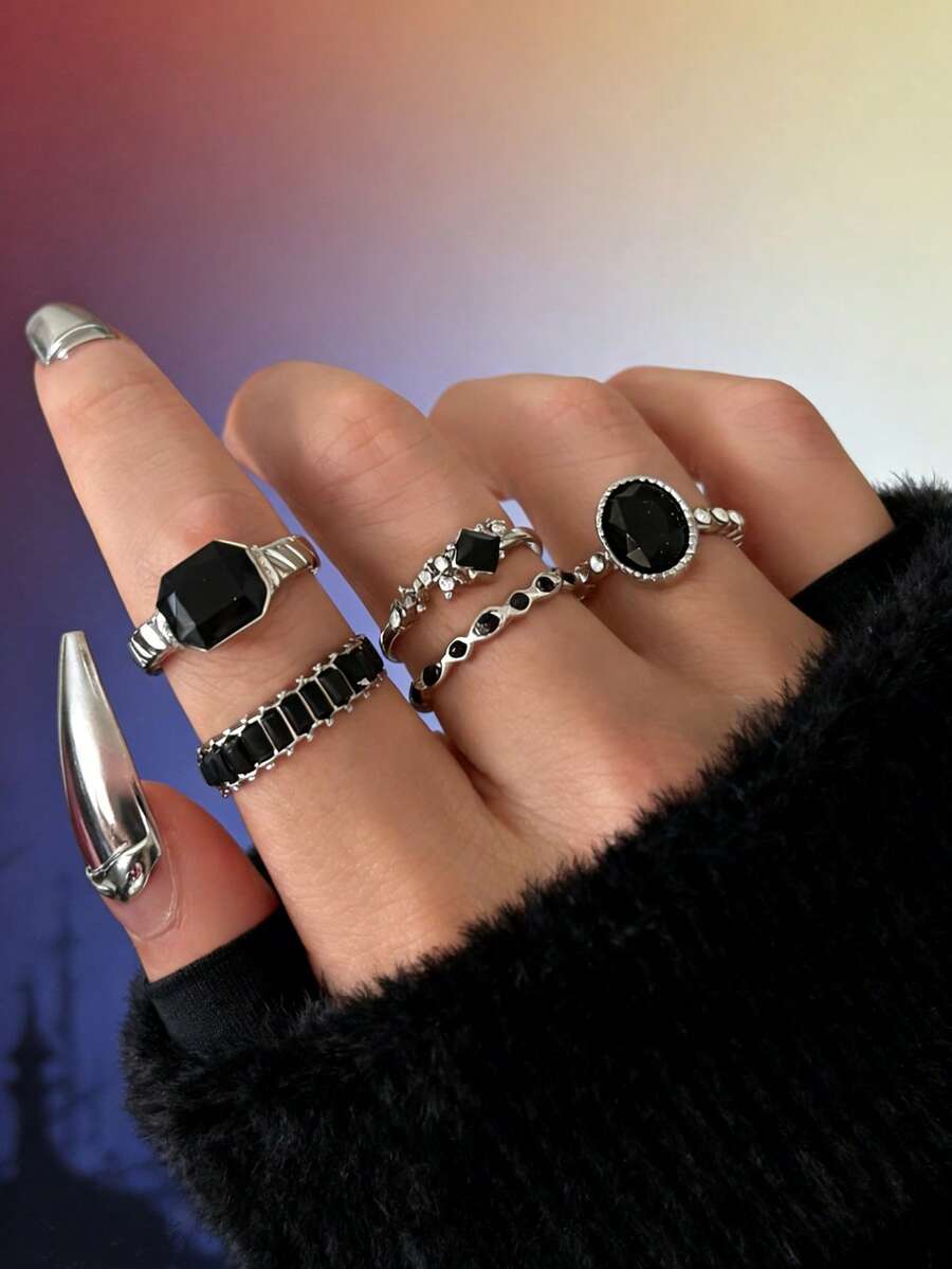 5pcs/Set Ins Style Faux Black Gemstone Diamond Shaped Rings, Multi-Element Black Crystal Ring Set For Women - Silver - View 1