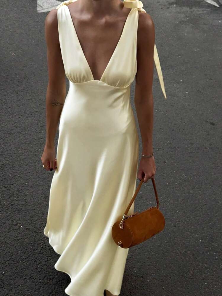 2026 Vår/Sommar Ny Satin Rosettband Djup V-ringning Champagnefärgad Formell Aftonklänning, Lämplig För Dejter, Formella Tillfällen, Fester, Stränder, Helgdagar, Gatustil, Karnevaler, Bröllop, Födelsedagar, Y2K, Glansig, Påsk, St. Patrick's Day, Examener, Galor, Lyxiga Kvällar Fest Elegant - Champagne - Visa 4