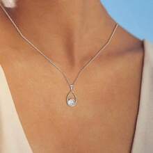 Adjustable Pure Silver Cubic Zirconia Oval Pendant Necklace, Hypoallergenic, Fashion Necklace For Women, Birthday Gift - Silver - View 2