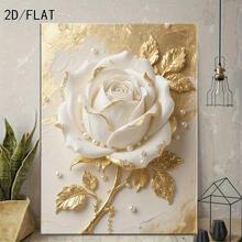 1 Pc Canvas Painting, White Rose Canvas Painting With Golden Leaves, Wooden Framed Art,High Quality ,Thickness 2. 25cm/1in Thick Wall Art Printed Poster, Cuadros,Directly Hung For Family Gifts, Living Room Decoration, Bathroom Decoration, Bedroom Decoration, Kitchen Decoration, Bar Decoration, Office Decoration. Halloween, Christmas And Valentine's Day Gifts, 2D Flat - 多色 - 查看 4
