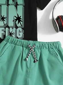 Tween Boys Round Neck Short Sleeve Casual Letter Print T-Shirt & Drawstring Waist Shorts, Summer - Green - View 4
