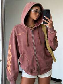 Letter Print Plus Size Crew Neck Loose Sweatshirt, Vacation Travel Beach, Casual Sports Elegant - Red - View 3