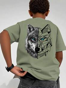 男童休闲印花圆领短袖T恤，夏季上衣 - 橄欖綠 - 查看 8