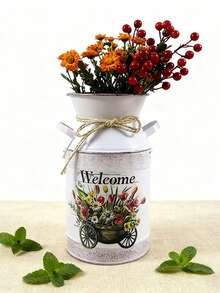 Jarrón de hierro forjado retro, jarrón de flores con estampado "Bienvenido" de estilo campestre, jarrón decorativo con doble asa de cuerda para arreglos florales, adecuado para ramos de flores realistas, cubeta de flores, pieza de decoración floral de escritorio del hogar, recipiente de decoración suave de estilo nórdico - 1PC - Ver 2