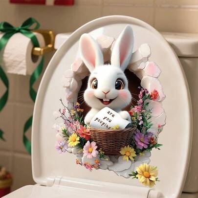 1/4pcs Funny Rabbit Toilet Seat Stickers Are You Pooping Text Decals Cute Peeking Bunny Broken Wall Art Murals For Easter Bathroom Restroom Lid DIY Home Decoration