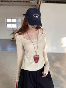 1件女士纯色修身休闲上衣T恤（不含内衬）春季 - 杏色 - 查看 8