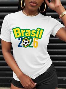 Summer Drop Shoulder Slim Fit T-Shirt,Brazilian Football Print Chest Lucky Girl Slogan Tee,Drop Shoulder Fitted Summer T-Shirt,Lucky Girl Slogan & Brazil Football Chest Print Top,Fitted Drop Shoulder Summer T-Shirt,Brazil Football Print Lucky Girl Slogan Casual Top - White - View 1