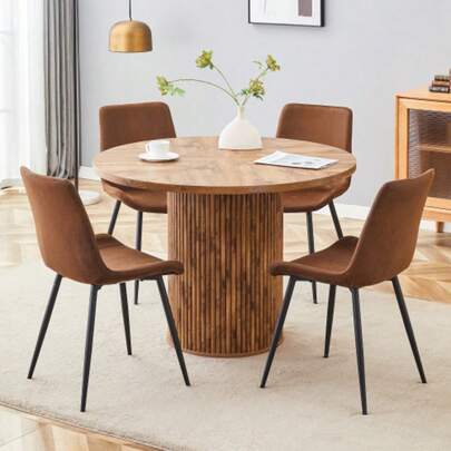 Minimalistic Rundtisch-Set With 1 Tisch And 4 Stühlen.Runder Esstisch Aus MDF Mit 100 Cm Durchmesser In Holzoptik.Combiniert Mit 4 Stühlen Aus Braunem High-Tech-Stoff Und Verbreiterter Sitzfläche.