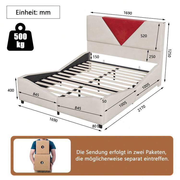 Estructura de cama para adultos, cama doble 140/160 x 190/200 cm, cama tapizada, canapé hidráulico, colchón de aire con espacio de almacenamiento debajo de la cama, elegante y suave estructura de cama juvenil, sin cajones - Beis - Añade 9