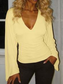 Elegant Deep V-Neck Long Sleeve Knit Sweater Top For Women, Soft & Stretchy, Regular Length, Yellow - Yellow - View 8