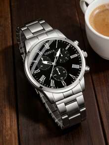 Bộ 4 món đồng hồ nam thời trang công sở, đồng hồ mặt tròn lớn, dây thép không gỉ, máy quartz, bao gồm vòng tay cá nhân hóa, dây chuyền mặt thánh giá và nhẫn, thích hợp làm quà tặng cho nam giới, phù hợp cho các dịp lễ, công sở, tiệc tùng và đeo hàng ngày. - Bạc - Xem 4