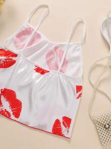 2件套白色吊带唇印女士睡衣套装 - 白色 - 查看 7