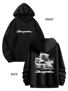 Black Toyot Supra Graphic Print Hoodie, Car Hoodies, Y2k Clothes,Casual Wear With Design, Men's Autumn And Winter Long Sleeved Hooded Sweatshirt With Double-Sided Printing (250g Polyester Fiber), Cool, Couple's Outfit, Suitable For Street Retro And Outdoor Sports Leisure, Daily Wear, Perfect Gift For Racing Enthusiasts - 黑色 - 查看 2