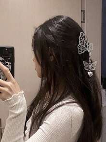 1 chiếc kẹp tóc hình bướm tua rua bằng kim loại, mặt dây chuyền hình trái tim, kẹp tóc hình bướm rỗng bằng kim loại, phụ kiện tóc thời trang cỡ lớn dành cho nữ. - Nhiều màu - Xem 3