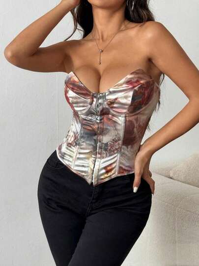 Camiseta sin tirantes con aros de satén con estampado floral sexy para mujer, top corto con escote en la espalda y cordones para uso nocturno y diario