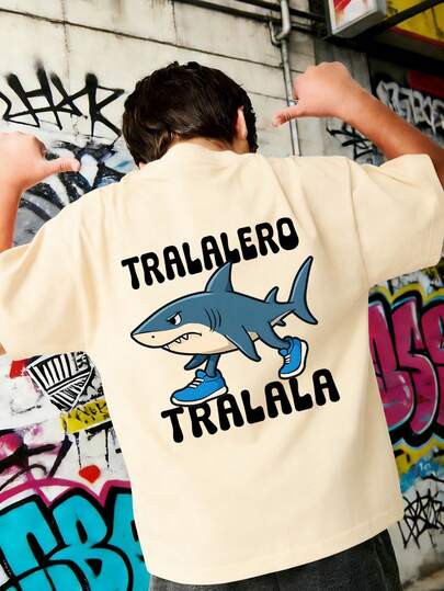 Tween Boy "Italian Brainrot-Tralalero Tralala" Printed T-Shirt, Suitable For Boys' Daily Wear, Campus Style, Streetwear, Fashionable Summer Top For Boys