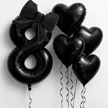 6 pièces Ensemble de ballons noirs en forme de numéros et de cœurs, comprenant des ballons de 0 à 9 avec décoration de nœud et ballons en forme de cœur assortis - Convient pour la décoration de fête d'anniversaire, mariage, anniversaire, Saint-Valentin - Fournitures de fête noires convenant pour un baptême, une fête d'anniversaire 1er/2e/3e/4e/5e/6e, ballons numérotés - Noir - Voir 10