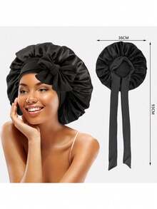 1顶直径36厘米的仿丝宽檐头巾帽，配有松紧带和丝绸蝴蝶结，适合睡觉、造型、美容和理发，丝绸头巾帽，缎面帽，情人节礼物 - 彩色 - 查看 2