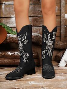 2026 New Women's Casual Fashion Square Toe Embroidered Chunky Heel Western Boots - Black - View 4