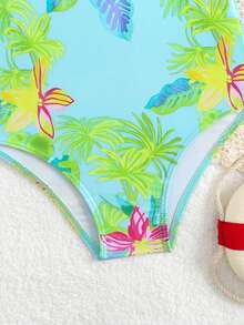 女童绿色植物印花连体泳衣 - 薄荷綠 - 查看 5