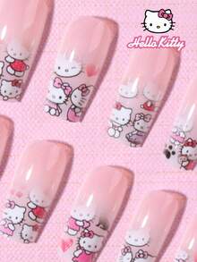 SANRIO Bộ 24 miếng dán móng tay vuông kiểu Pháp cỡ trung bình, trang trí họa tiết trái tim dễ thương, thiết kế chuyển màu, hoàn toàn phù hợp với bộ móng giả acrylic, bao gồm 1 lọ keo và 1 dũa móng, thích hợp cho phụ nữ và các bạn gái sử dụng hàng ngày, dự tiệc và tụ họp. - Nhiều màu - Xem 4