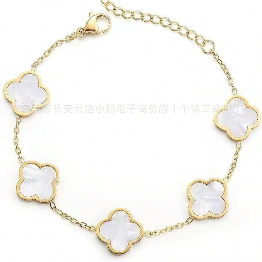 Glossy Four-Leaf Clover Bracelet Steel 18K Gold Double-Sided Mother-Of-Pearl Bracelet Jewelry - 13mm雙面白色手鍊 - 查看 1