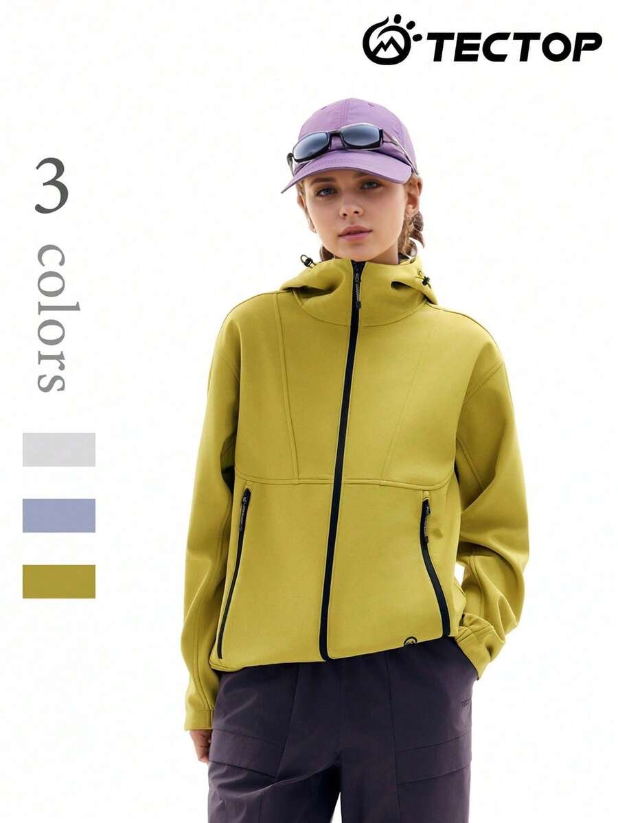 TECTOP Áo khoác thể thao mùa đông ngoài trời, chất liệu soft shell, vải nỉ co giãn, thoải mái, có mũ trùm đầu khóa kéo, hai túi khóa kéo bên hông. - màu xanh lá - Xem 1