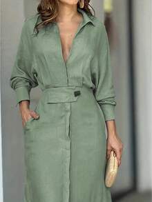 Women's Elegant Long-Sleeved Dresses - See-Through Formal And Everyday, Office Party Looks, Stylish Shirt Maxi Skirts - 綠色 - 查看 3