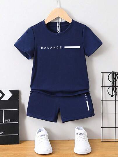 2pcs/Set Boys' Casual Multifunctional Minimalist Letter Print Short Sleeve T-Shirt And Shorts, Suitable For Outdoor, School, Vacation, Travel, Relaxation, Sunbathing And Other Summer Occasions