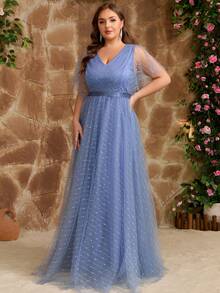 Women Plus Size Elegant Mature Bridesmaid Dress For Wedding Guest, Maid Of Honor, Ruffle Sleeve, Shiny, Suitable For Wedding, Party, Graduation, Formal Dinner, Spring/Summer/Autumn - Dusty Blue - View 7