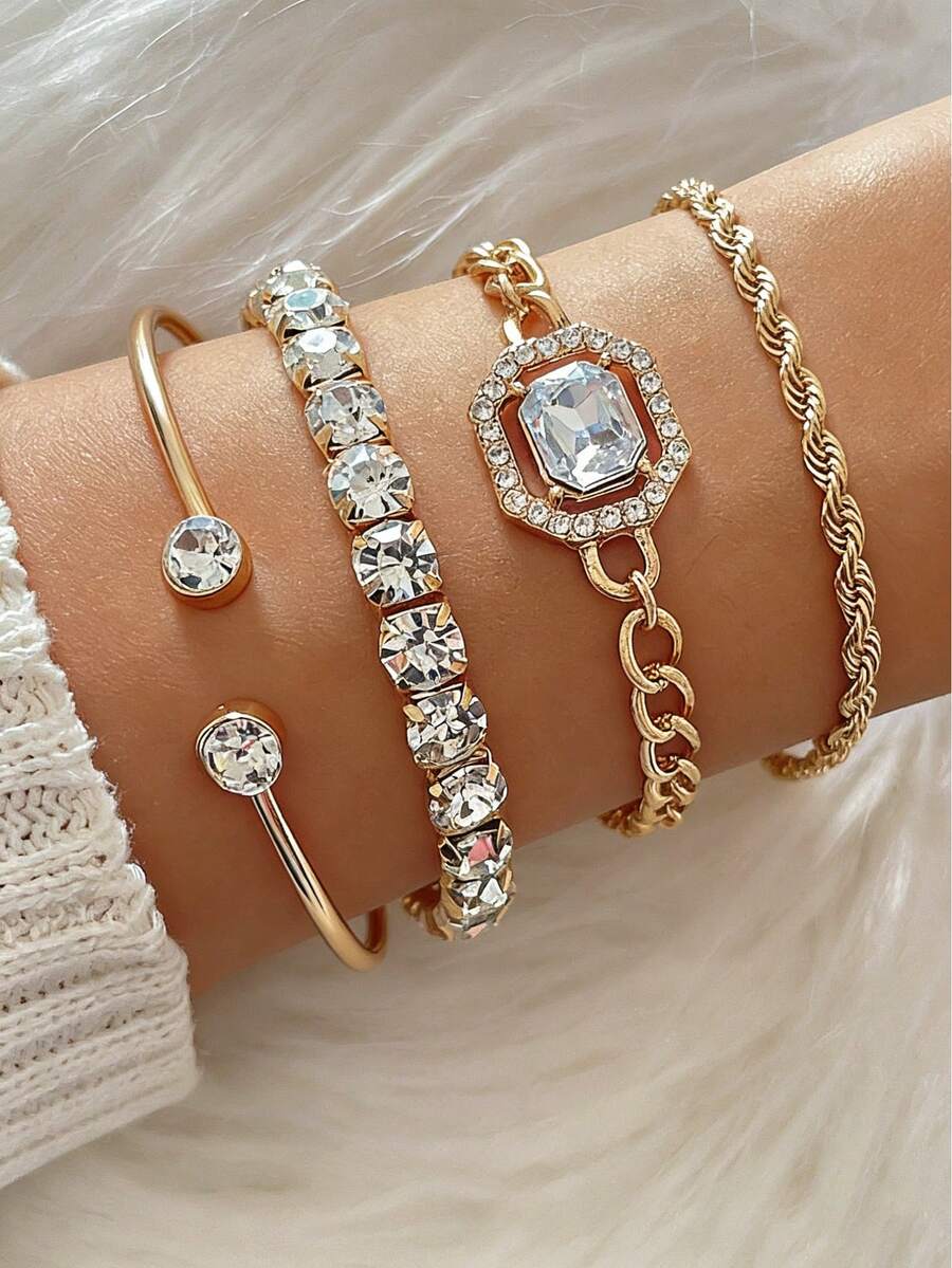 4pcs/Set Luxury Vintage Full Diamond Opening Bracelet Female Personality Rhinestone Infinity Logo Bracelet Female Gift Jewelry - Gold - View 1