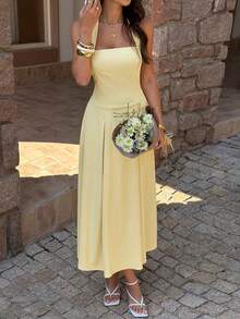 Unadoll 女士夏季休闲性感露背吊带连衣裙，荷叶边设计，优雅迷人，适合约会、度假、情人节、生日和派对等场合。 - 黃色 - 查看 4