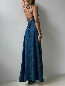 女士纯色纹理面料性感吊带系带连衣裙，修身设计凸显身材，适合海滩度假、婚礼、派对、音乐节/演唱会等夏季场合，尽显优雅气质。 - 藏蓝色 - 查看 1