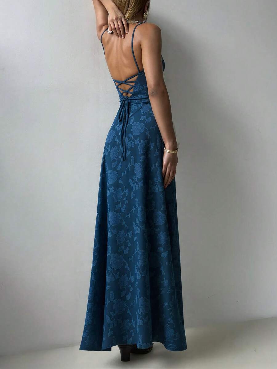女士纯色纹理面料性感吊带系带连衣裙，修身设计凸显身材，适合海滩度假、婚礼、派对、音乐节/演唱会等夏季场合，尽显优雅气质。 - 藏蓝色 - 查看 1