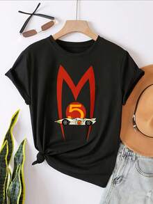 Red M With Number Five And Car Graphic T-Shirt For Women, Oversized Crewneck Tees Casual Wear, Spring Cotton Tops Short Sleeve, Summer Basic Tees, Funny Clothes For Women - 黑色 - 查看 2