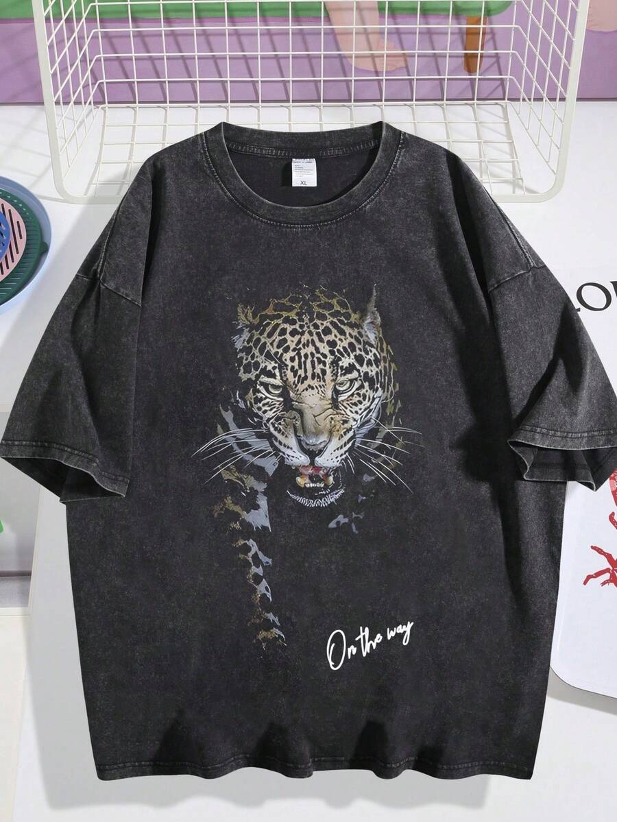 Men's T-Shirt, Retro, Leopard Graphic Print, On The Way Slogan, Washed Style, Loose Fit, Short Sleeved - 黑色04 - 查看 1