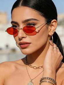 1pc Metal Decorative Fashion Glasses For Women, High-Quality Summer Accessory To Reduce Sunlight Intensity, Suitable For Daily Wear - Red - View 3